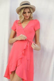 Solid Basic Ruffle Detailed Tulip Overlay Short Sleeve Surplice Dress With Ribbon Tie Waist Detail