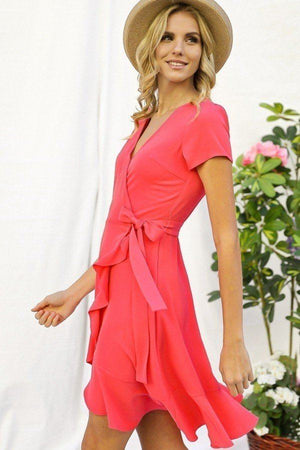 Solid Basic Ruffle Detailed Tulip Overlay Short Sleeve Surplice Dress With Ribbon Tie Waist Detail