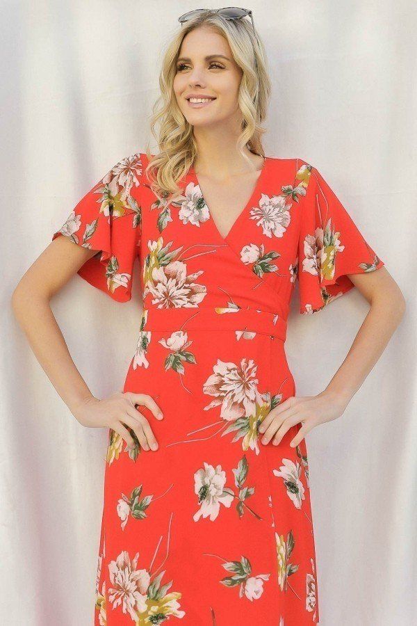 Spring Floral Print Short Bell Flyaway Sleeve Faux Wrap Maxi Dress