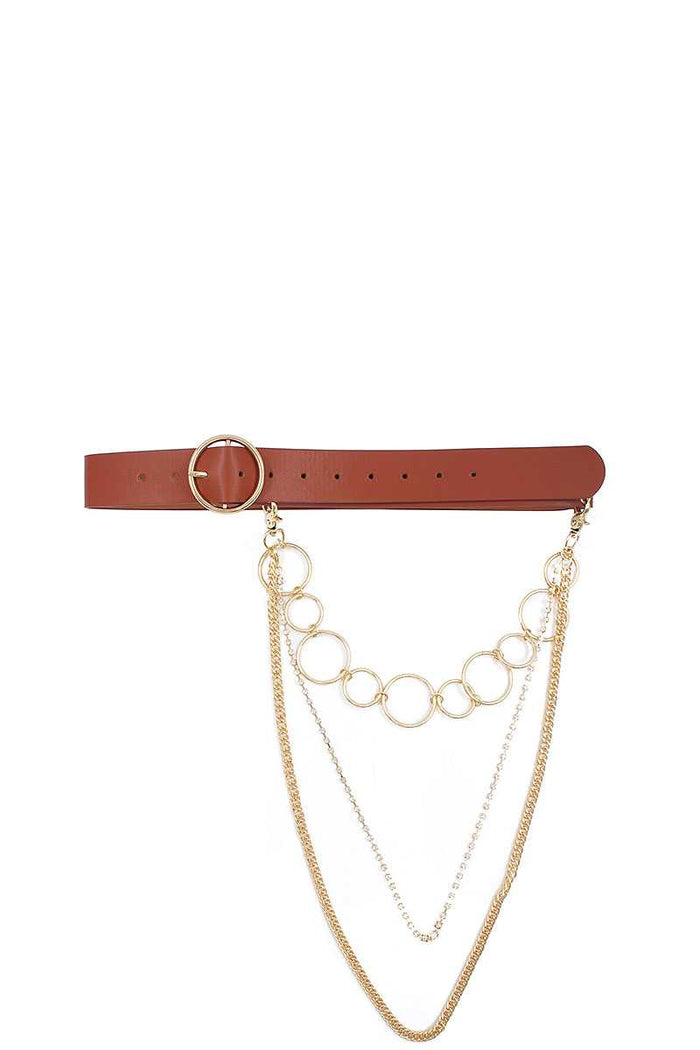 Fashion Round Buckle Belt With Triple Layer Chain Accent