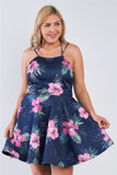 Plus Size Tropical Print Square Neckline Strappy Open Back Flare Mini Dress