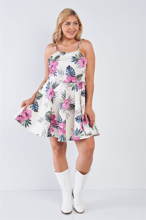 Plus Size Tropical Print Square Neckline Strappy Open Back Flare Mini Dress