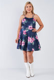 Plus Size Tropical Print Square Neckline Strappy Open Back Flare Mini Dress