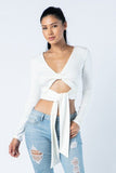 Soft Heavy Knit Front Ribbon Side Band Tie Long Sleeve Crop Top