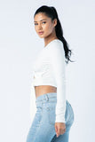 Soft Heavy Knit Front Ribbon Side Band Tie Long Sleeve Crop Top