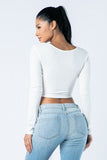 Soft Heavy Knit Front Ribbon Side Band Tie Long Sleeve Crop Top