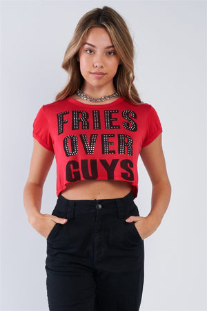 "fries Over Guys" Graphic Studs Detail Crop Top