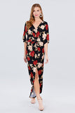 Short Dolman Sleeve V-neck Front Knot And Slit Print Knit Long Dress