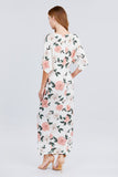 Short Dolman Sleeve V-neck Front Knot And Slit Print Knit Long Dress