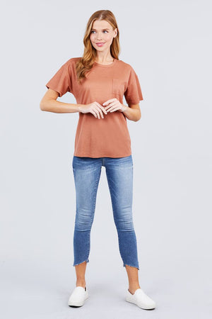 Short Sleeve Round Neck One Pocket Box Knit Top