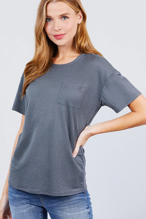 Short Sleeve Round Neck One Pocket Box Knit Top