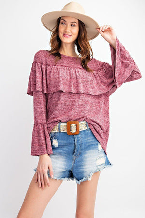 Bold Ruffles Featuring Overlay Accents Girly And Chic Bell Sleeve  2tone Hacci Tunic