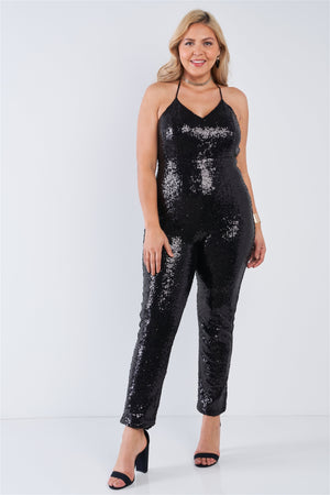 Plus Size Sequin V-neck Criss Cross Open Back Bodycon Jumpsuit