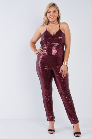 Plus Size Sequin V-neck Criss Cross Open Back Bodycon Jumpsuit