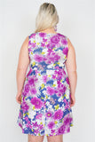 Plus Size Purple Navy Watercolor Floral Print Casual Midi Dress