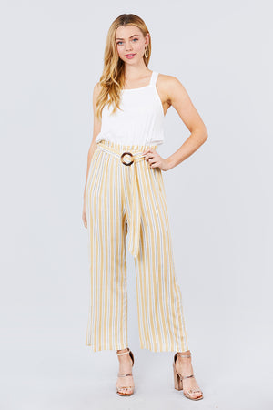 Straight Neck Waist Belted Stripe Long Jumpsuit