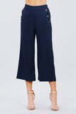 Fake Pocket W/button Detail Wide Long Leg Linen Pants