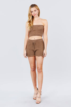 Cable Detail Sweater Tube Top And Sweater Short Pants Set