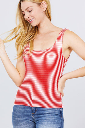 Sleeveless Double Scoop Neck Stripe 2 Ply Rib Knit Top