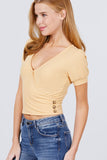 Short Puff Sleeve Surplice Neckline W/side Button Detail Rib Knit Top