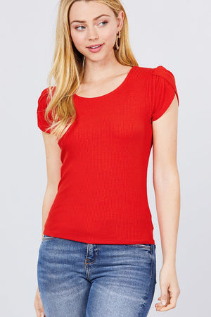 Short Tulip Puff Sleeve Round Neck Rib Knit Top