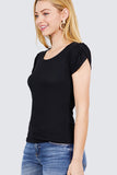 Short Tulip Puff Sleeve Round Neck Rib Knit Top