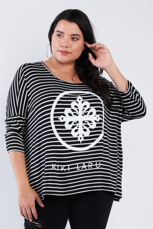 Plus Size Black White Stripe Scoop Neck Relaxed Fit "kiki Larue" Top