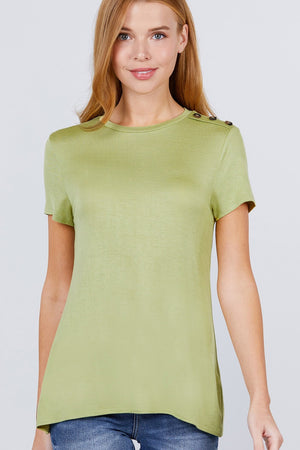 Short Sleeve Crew Neck W/shoulder Button Detail Rayon Spandex Top