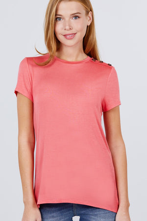 Short Sleeve Crew Neck W/shoulder Button Detail Rayon Spandex Top