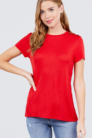 Short Sleeve Crew Neck W/shoulder Button Detail Rayon Spandex Top