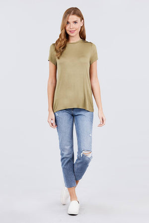 Short Sleeve Crew Neck W/shoulder Button Detail Rayon Spandex Top