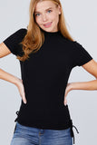 Short Sleeve Mock Neck Side Shirring Detail Rib Knit Top