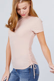 Short Sleeve Mock Neck Side Shirring Detail Rib Knit Top