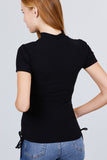 Short Sleeve Mock Neck Side Shirring Detail Rib Knit Top