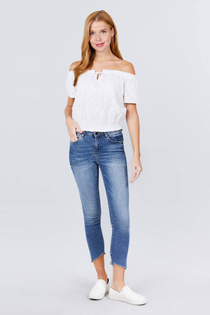 Short Sleeve Off The Shoulder Front Tie Detail Smocked Hem Eyelet Lace Woven Top