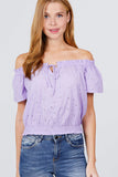 Short Sleeve Off The Shoulder Front Tie Detail Smocked Hem Eyelet Lace Woven Top