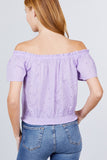 Short Sleeve Off The Shoulder Front Tie Detail Smocked Hem Eyelet Lace Woven Top