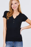 Short Sleeve W/button Detail Henley Neck Rib Knit Top