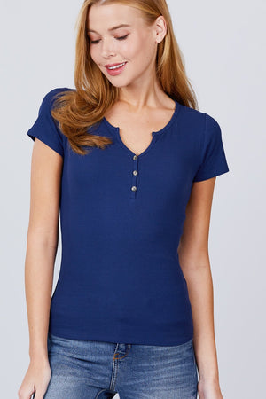 Short Sleeve W/button Detail Henley Neck Rib Knit Top