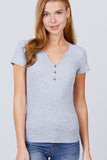 Short Sleeve W/button Detail Henley Neck Rib Knit Top