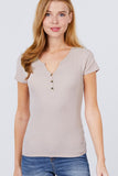 Short Sleeve W/button Detail Henley Neck Rib Knit Top