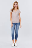 Short Sleeve W/button Detail Henley Neck Rib Knit Top