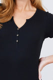 Short Sleeve W/button Detail Henley Neck Rib Knit Top