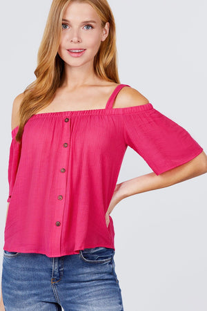 Elbow Sleeve Open Shoulder Button Down Woven Top