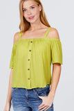 Elbow Sleeve Open Shoulder Button Down Woven Top