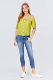 Elbow Sleeve Open Shoulder Button Down Woven Top