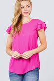 Short Cap Ruffle Sleeve Round Neck Woven Top