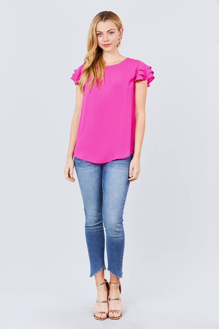 Short Cap Ruffle Sleeve Round Neck Woven Top