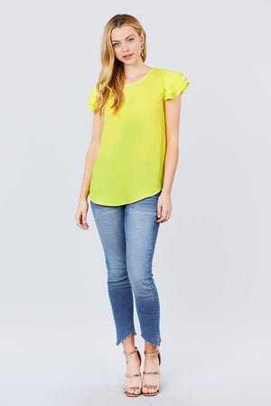 Short Cap Ruffle Sleeve Round Neck Woven Top