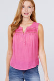 Sleeveless Front Pleats Detail W/button Woven Top